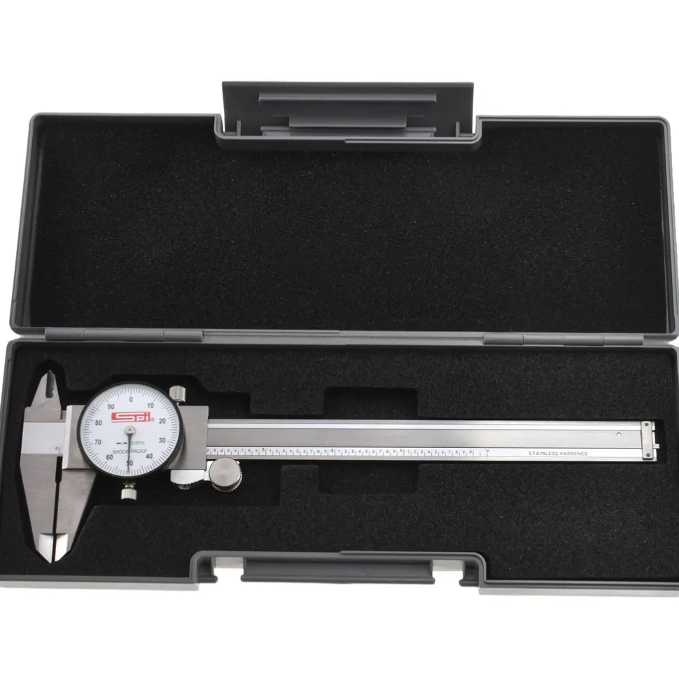 Dial Caliper: 6", 0.001000" Graduation, 0.1000" per Revolution, 0.0010" Accuracy, Calibrated, Stainless Steel Jaws