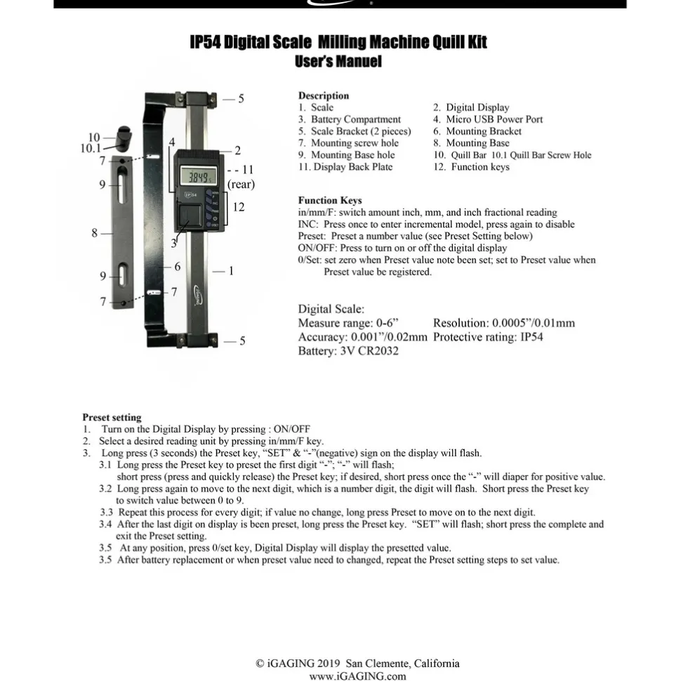 Drill Press DRO System: 1 Axis, Electromagnetic Scale, 5.5" X-Axis Travel