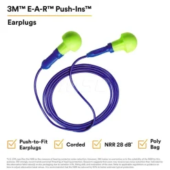 Earplugs: 28.00 dB, Foam, Cylinder, Push-In, Corded