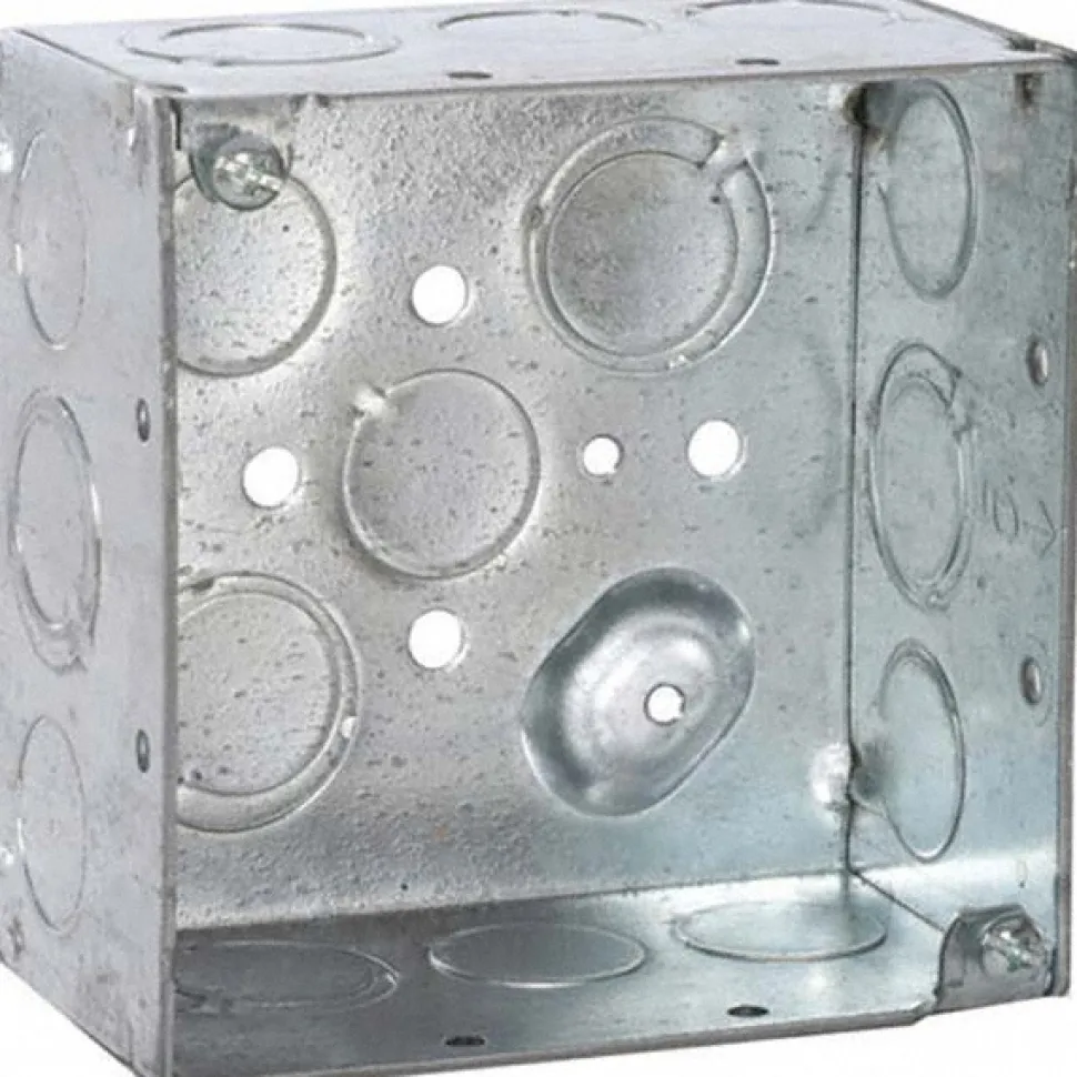 Electrical Device Box: Steel, Square, 2.2" OAH, 4" OAW, 4" OAD, 2 Gangs