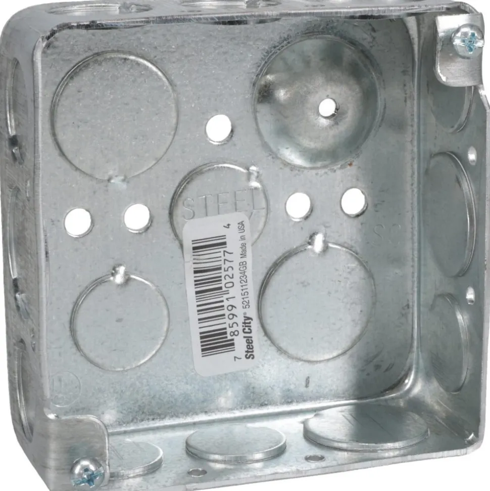 Electrical Junction Box: Steel, Square, 4" OAH, 4" OAW, 1-1/2" OAD, 2 Gangs