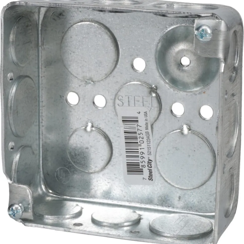 Electrical Junction Box: Steel, Square, 4" OAH, 4" OAW, 1-1/2" OAD, 2 Gangs