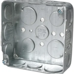 Electrical Outlet Box: Steel, Square, 4" OAH, 4" OAW, 1-1/2" OAD, 2 Gangs
