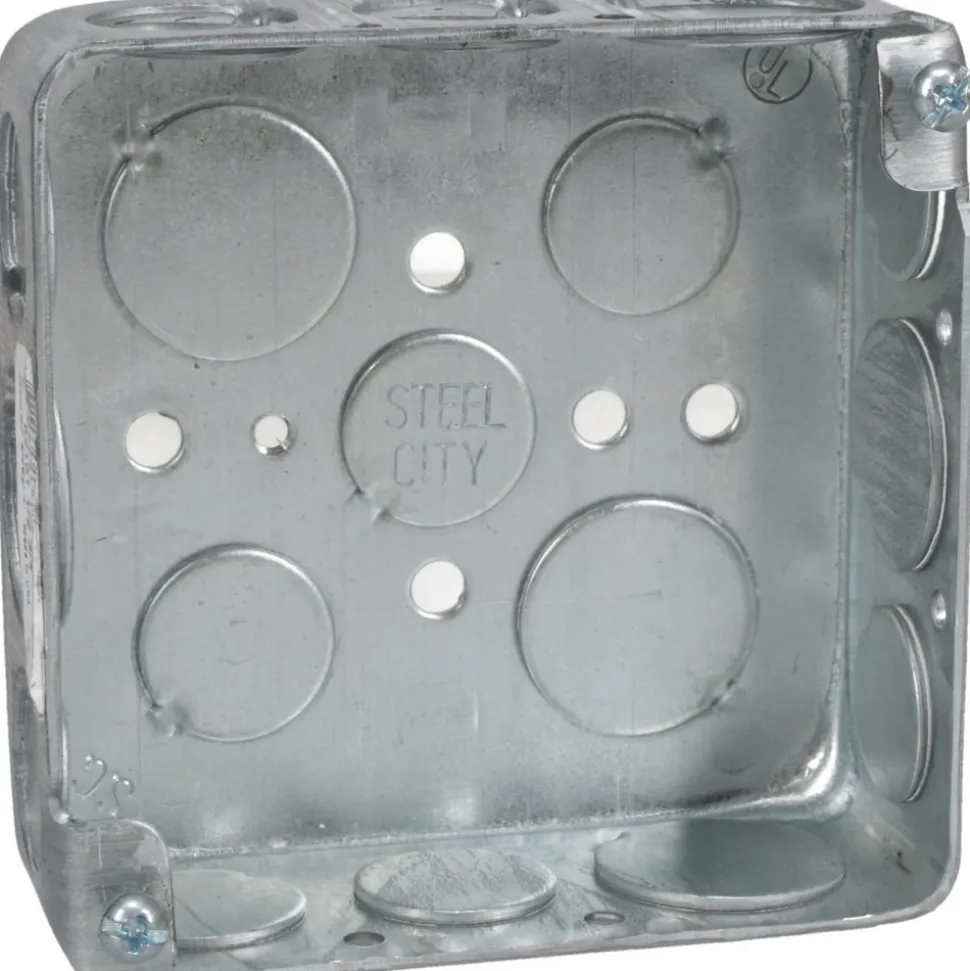 Electrical Outlet Box: Steel, Square, 4" OAH, 4" OAW, 1-1/2" OAD, 2 Gangs