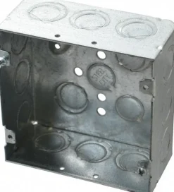 Electrical Outlet Box: Steel, Square, 4-11/16" OAH, 4-11/16" OAW, 2-1/8" OAD, 2 Gangs