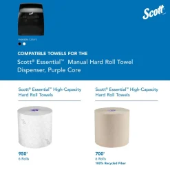 Essential Manual Hard Roll Towel Dispenser, Black, for Purple Core Scott Roll Towels, 12.63