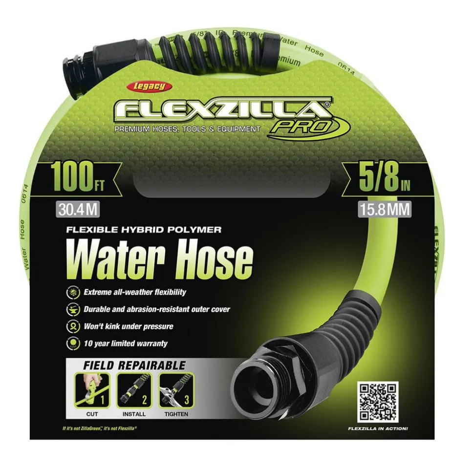 Garden Hose: 5/8" Dia, 100 ft, 3/4" GHT Thread, Green, Hybrid Polymer, 150 psi