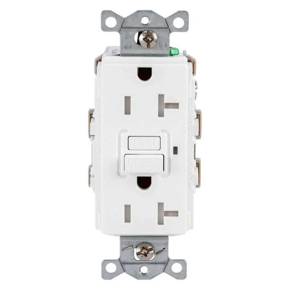 GFCI Receptacles: Grade: Commercial; Receptacle Type: Duplex; NEMA Configuration: 5-20R; Wire Connection Type: Screw Terminals; End Type: Socket
