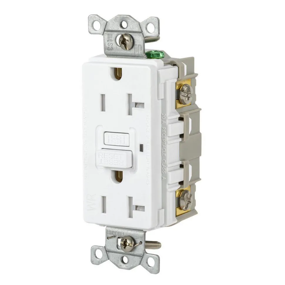 GFCI Receptacles: Grade: Commercial; Receptacle Type: Duplex; NEMA Configuration: 5-20R; Wire Connection Type: Screw Terminals; End Type: Socket