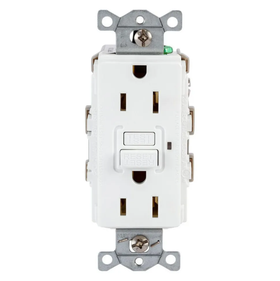 GFCI Receptacles: Grade: Commercial; Receptacle Type: Duplex; NEMA Configuration: 5-15R; Wire Connection Type: Screw Terminals; End Type: Socket