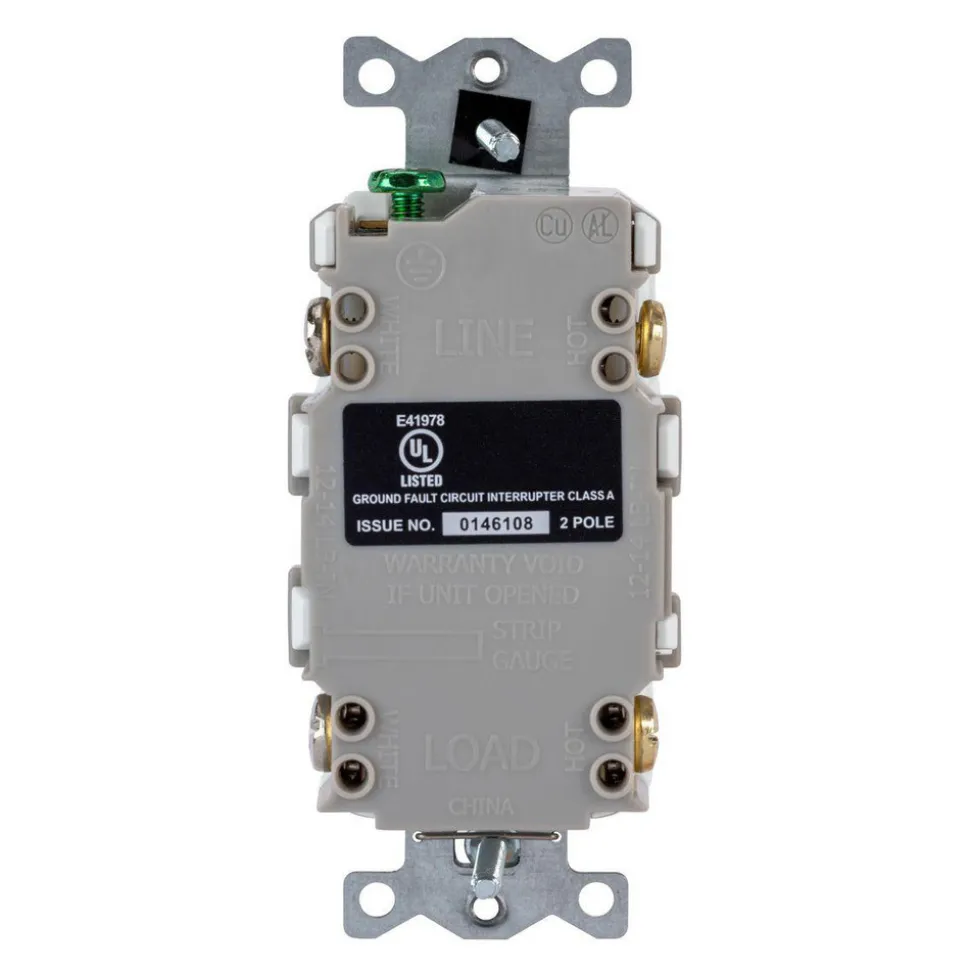 GFCI Receptacles: Grade: Commercial; Receptacle Type: Duplex; NEMA Configuration: 5-15R; Wire Connection Type: Screw Terminals; End Type: Socket