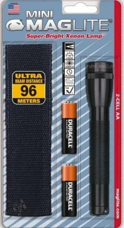 Handheld Flashlight: Xenon, 14 Lumens, 5.25 hr Max Run Time, AA Battery (Included), Max Beam Distance: 96 m