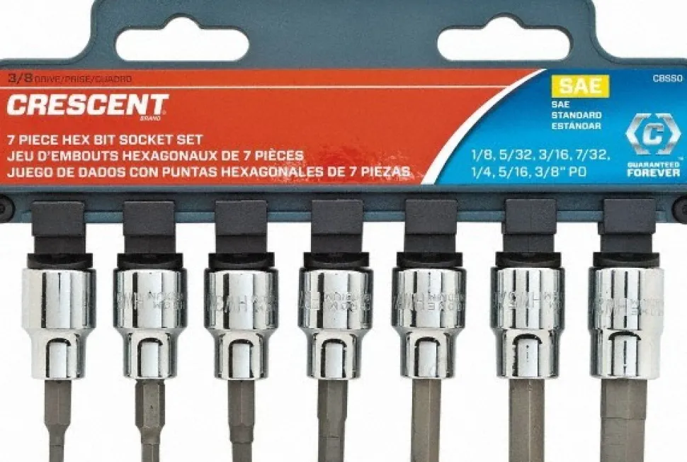 Hex Bit Socket Set: 3/8" Drive, 7 Pc, 1/8 to 3/8" Hex
