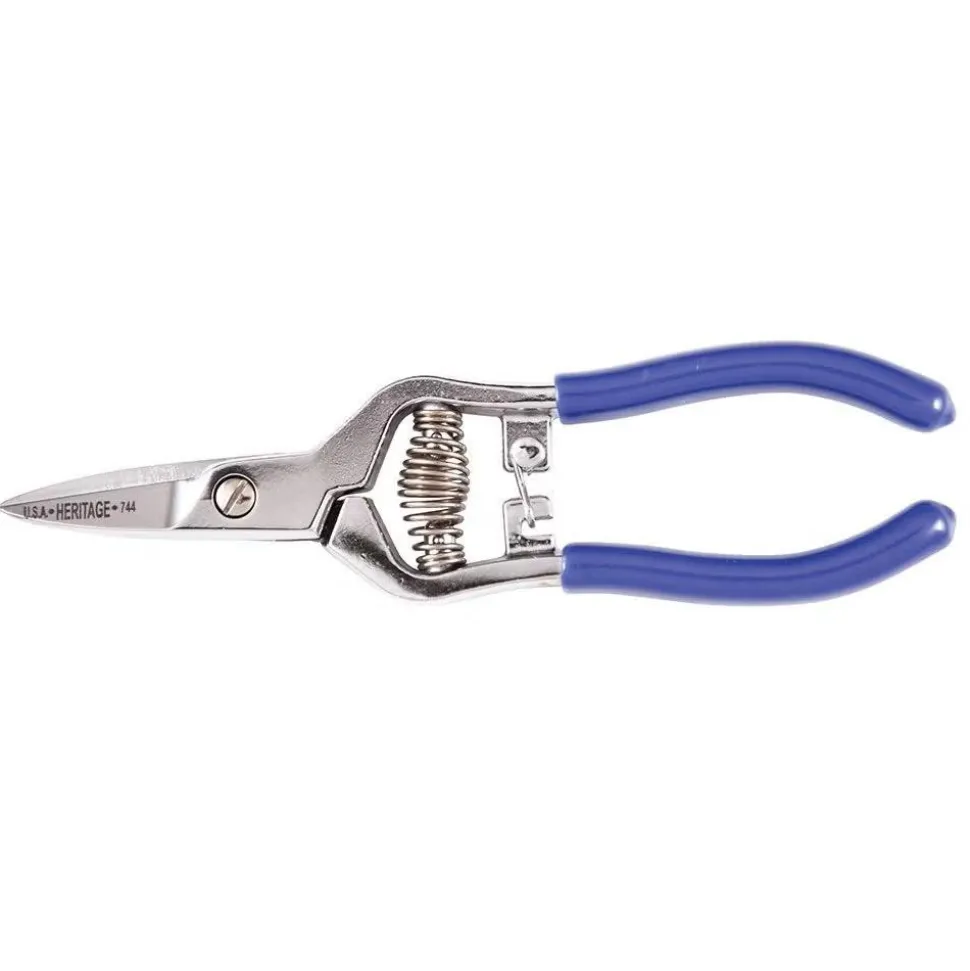 High Leverage Spring Action Snip: 6-9/16" OAL, 1-1/4" Cut Length, Serrated Blade, Hot Forged Steel, Nickel-Plated Carbon Chrome, Rubber Handles