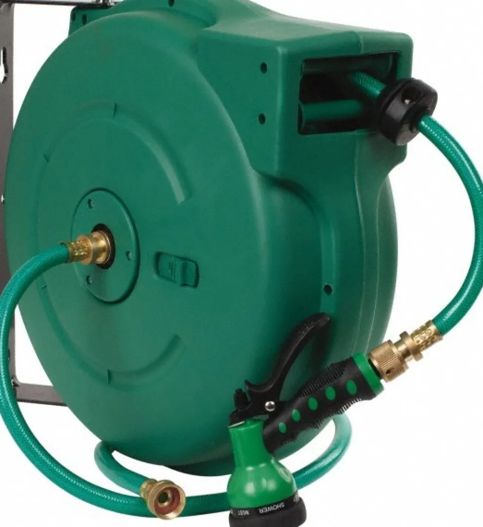 Hose Reel with Hose: 1/2" ID Hose x 65', Spring Retractable, Polypropylene Reel Green