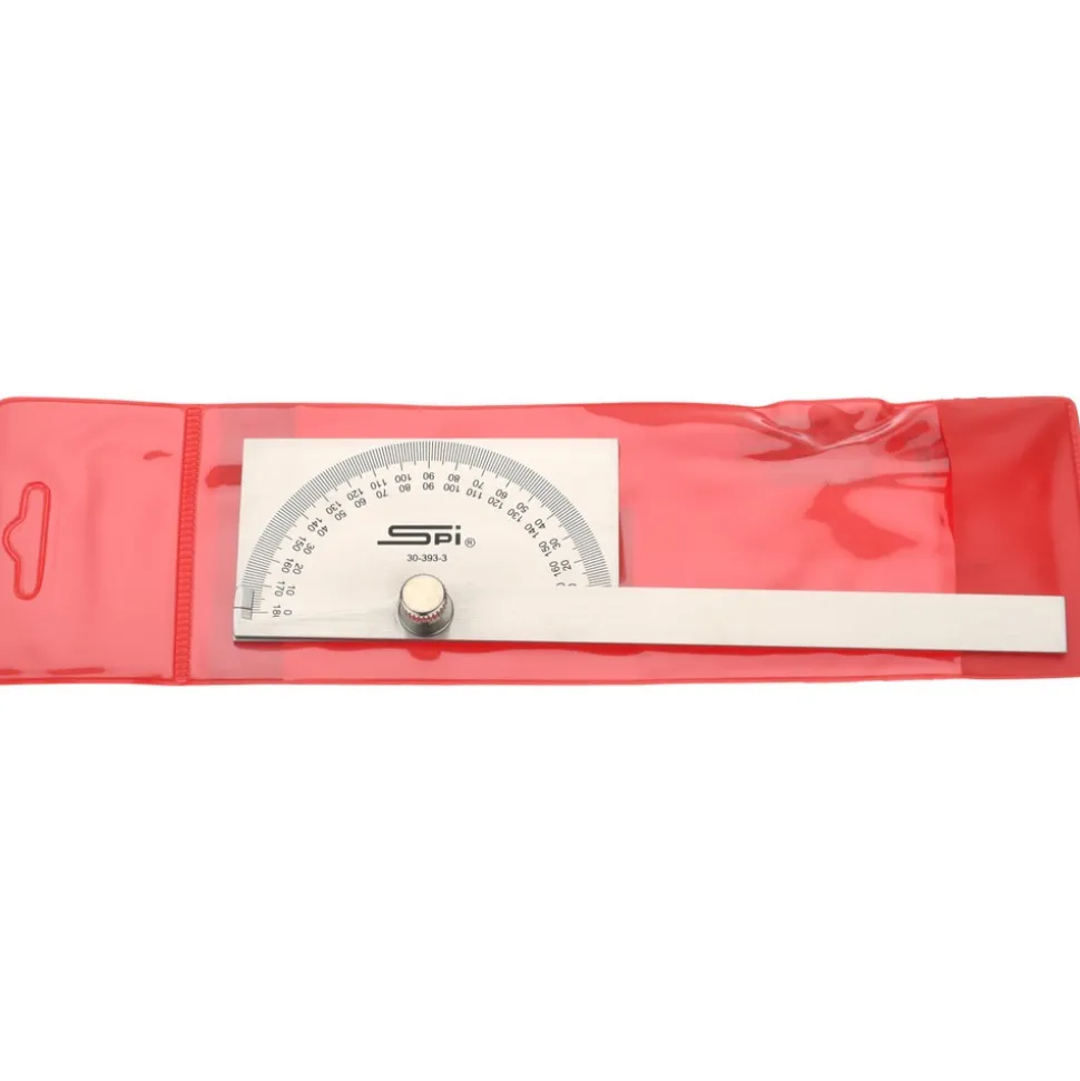 6 Inch Long Blade, 180° Max Measurement, 1° Dial Graduation, Rectangular Head Protractor