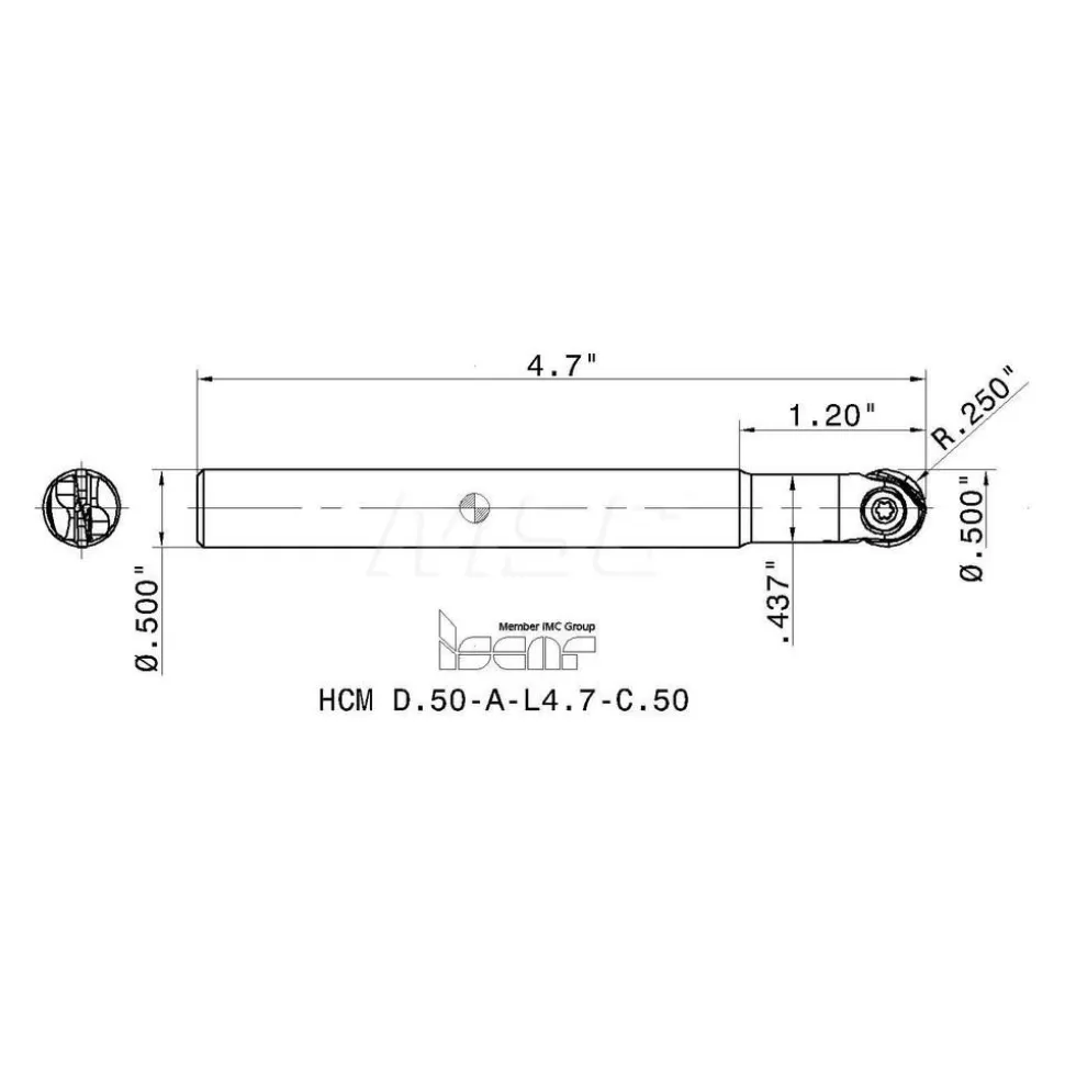 Indexable Ball Nose End Mill: 1/2" Cut Dia, Solid Carbide, 4.7" OAL