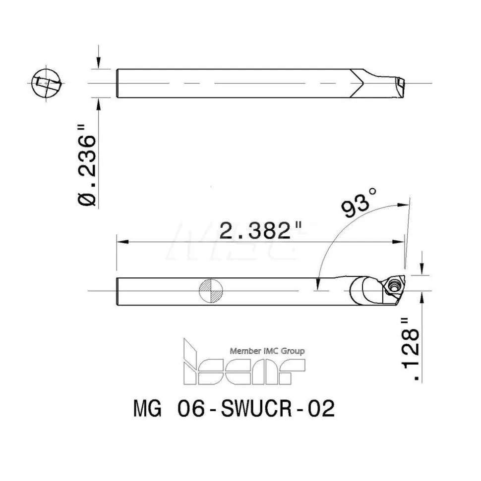 Indexable Boring Bar: MG 06-SWUCR-02, 6.60 mm Min Bore, Right Hand, 6.00 mm Shank Dia, 93.000 deg Lead Angle, Solid Carbide