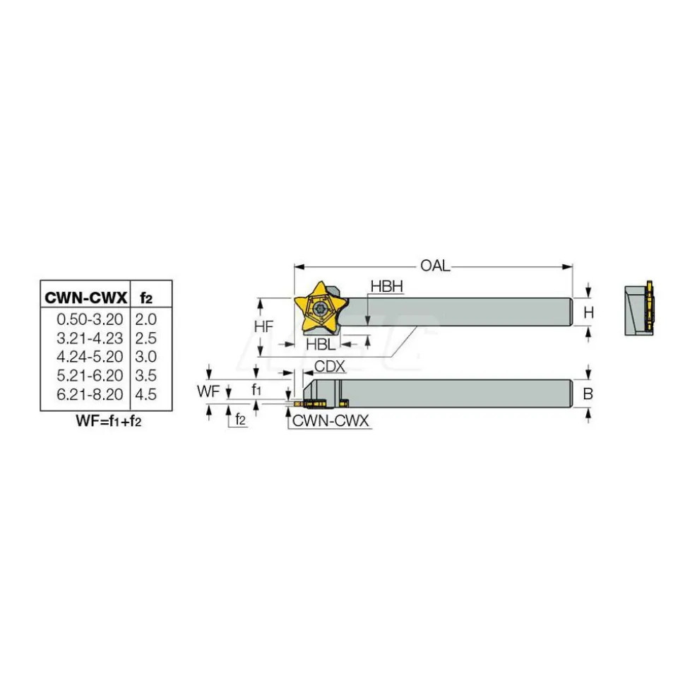Indexable Grooving-Cutoff Toolholder: PCHR 25.4-24, 0.0197 to 1/8" Groove Width, 0.256" Max Depth of Cut, Right Hand