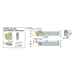 Indexable Grooving-Cutoff Toolholder: DGTL 16B-2D25SH, 1.9 to 2.5 mm Groove Width, 12.7 mm Max Depth of Cut, Left Hand