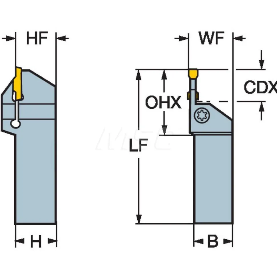 Indexable Grooving-Cutoff Toolholder: RF123E059-16B, 1.85 to 2.39 mm Groove Width, 14.99 mm Max Depth of Cut, Right Hand