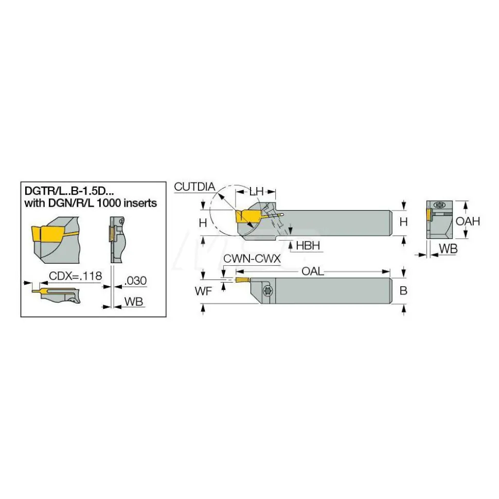 Indexable Grooving-Cutoff Toolholder: DGTL-12.7B-1.4D24SH, 0.055 to 0.055" Groove Width, Left Hand