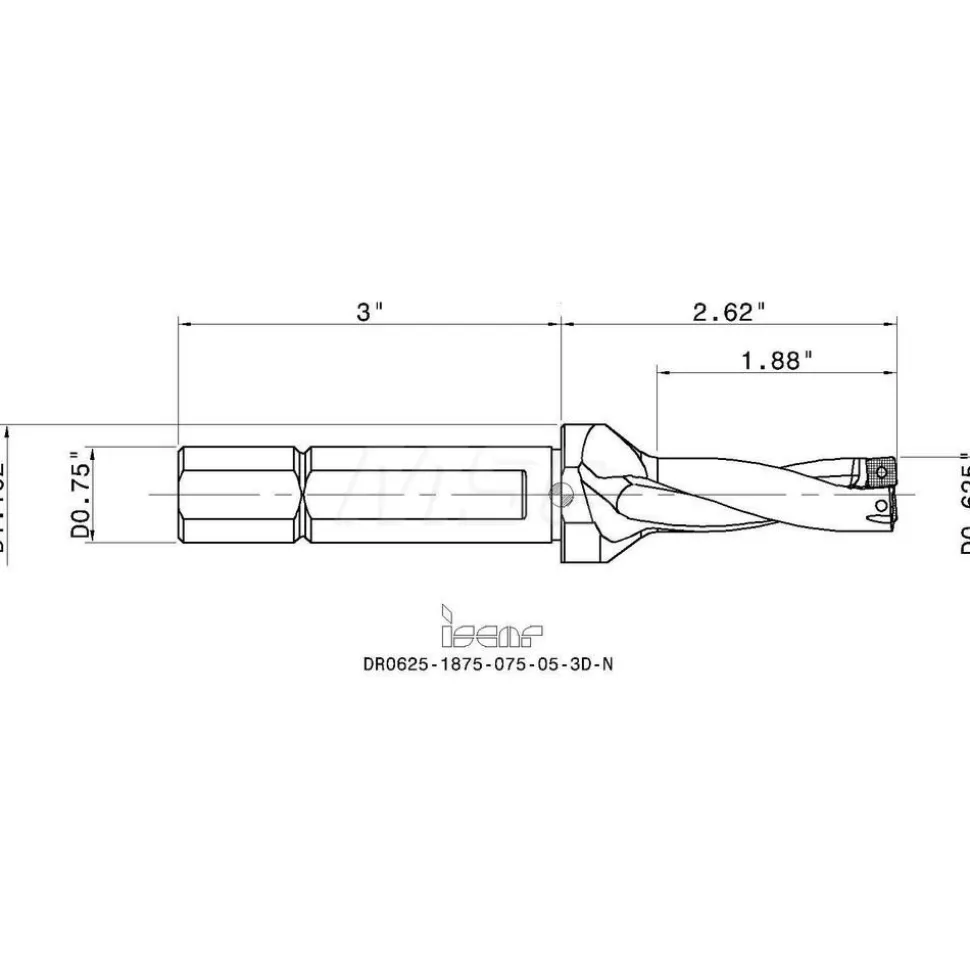 Indexable Insert Drill: DR0625-1875-075-05-3DN, 5/8" Max Dia, 3xD, 3/4" Shank Dia