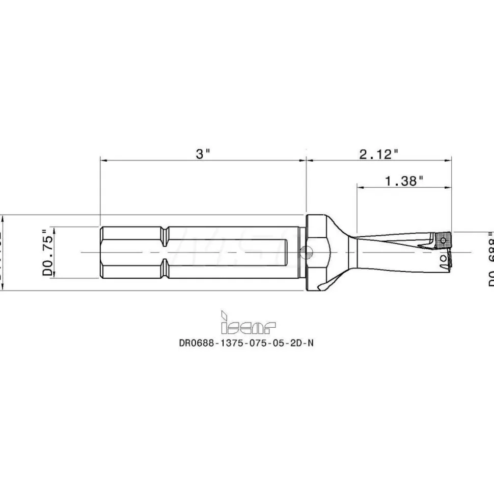 Indexable Insert Drill: DR0688-1375-075, 11/16" Max Dia, 2xD, 3/4" Shank Dia