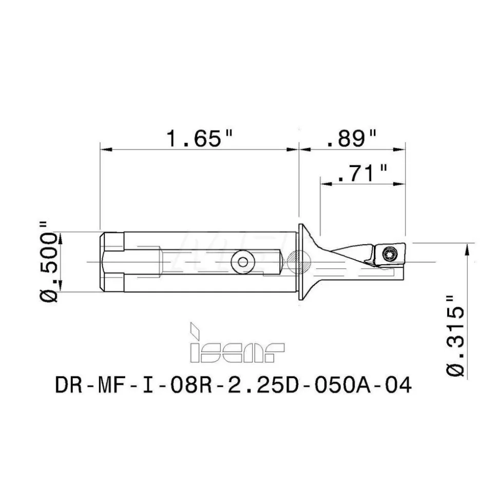 Indexable Insert Drill: DRMFI08R2.25D050A04, 0.3150" Max Dia, 0.7100" Max Depth, 2.25xD, 0.5000" Shank Dia
