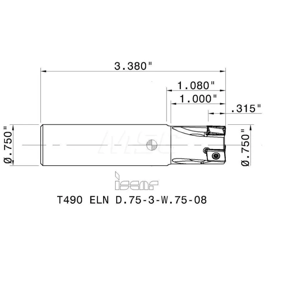 Indexable Square-Shoulder End Mill: T490ELND.75-3-W.75-08, 3/4" Cut Dia, 0.315" Max Depth of Cut, 3/4" Dia Weldon Flat Shank