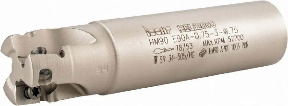 Indexable Square-Shoulder End Mill: HM90 E90A-D.75-3-W.75, 3/4" Cut Dia, 0.394" Max Depth of Cut, 3/4" Dia Weldon Flat Shank