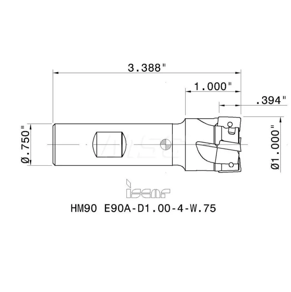 Indexable Square-Shoulder End Mill: HM90 E90A-D1.00-4-W.75, 1" Cut Dia, 0.394" Max Depth of Cut, 3/4" Dia Weldon Flat Shank