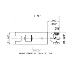 Indexable Square-Shoulder End Mill: HM90 E90A-D1.00-4-W1.0, 1" Cut Dia, 0.394" Max Depth of Cut, 1" Dia Weldon Flat Shank