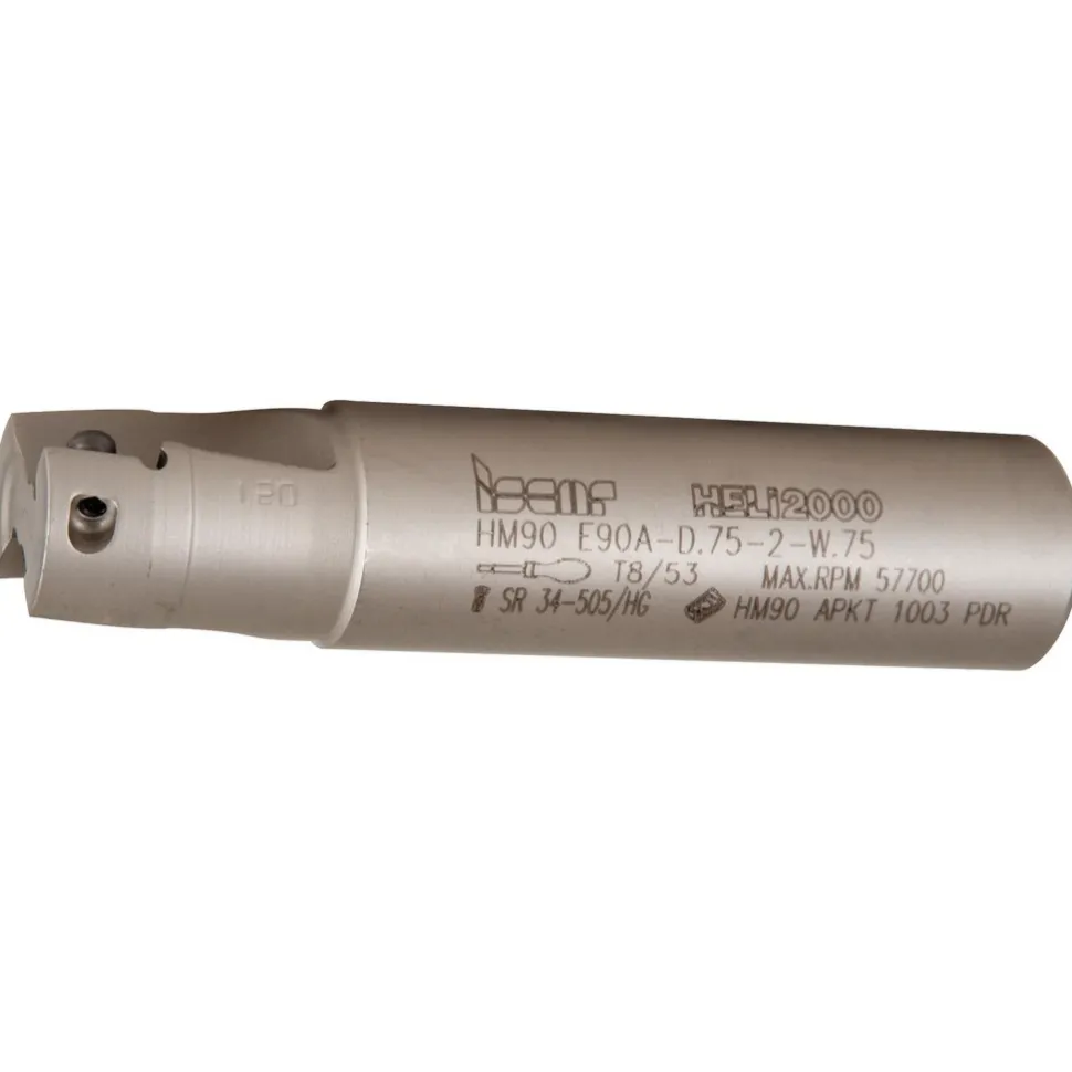 Indexable Square-Shoulder End Mill: HM90 E90A-D.75-2-W.75, 3/4" Cut Dia, 0.394" Max Depth of Cut, 3/4" Dia Weldon Flat Shank