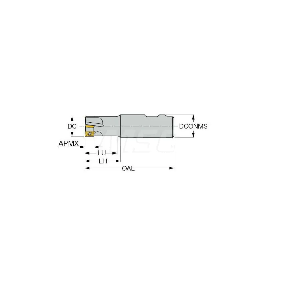 Indexable Square-Shoulder End Mill: HM90E90ADD1.002W1.00XL, 1" Cut Dia, 0.56" Max Depth of Cut, 1" Dia Weldon Flat Shank