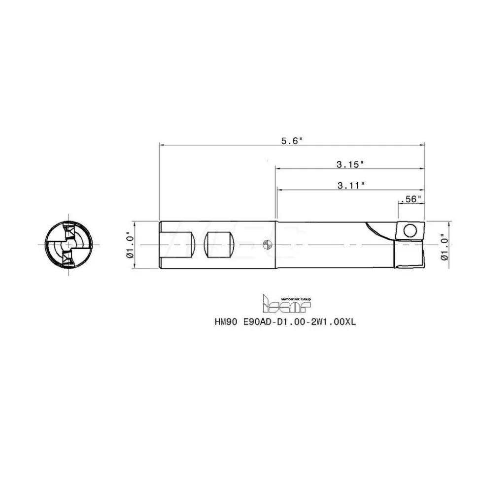 Indexable Square-Shoulder End Mill: HM90E90ADD1.002W1.00XL, 1" Cut Dia, 0.56" Max Depth of Cut, 1" Dia Weldon Flat Shank