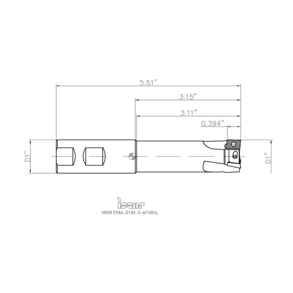 Indexable Square-Shoulder End Mill: HM90E90A-D1.0-3W1.00XL, 1" Cut Dia, 0.394" Max Depth of Cut, 1" Dia Weldon Flat Shank