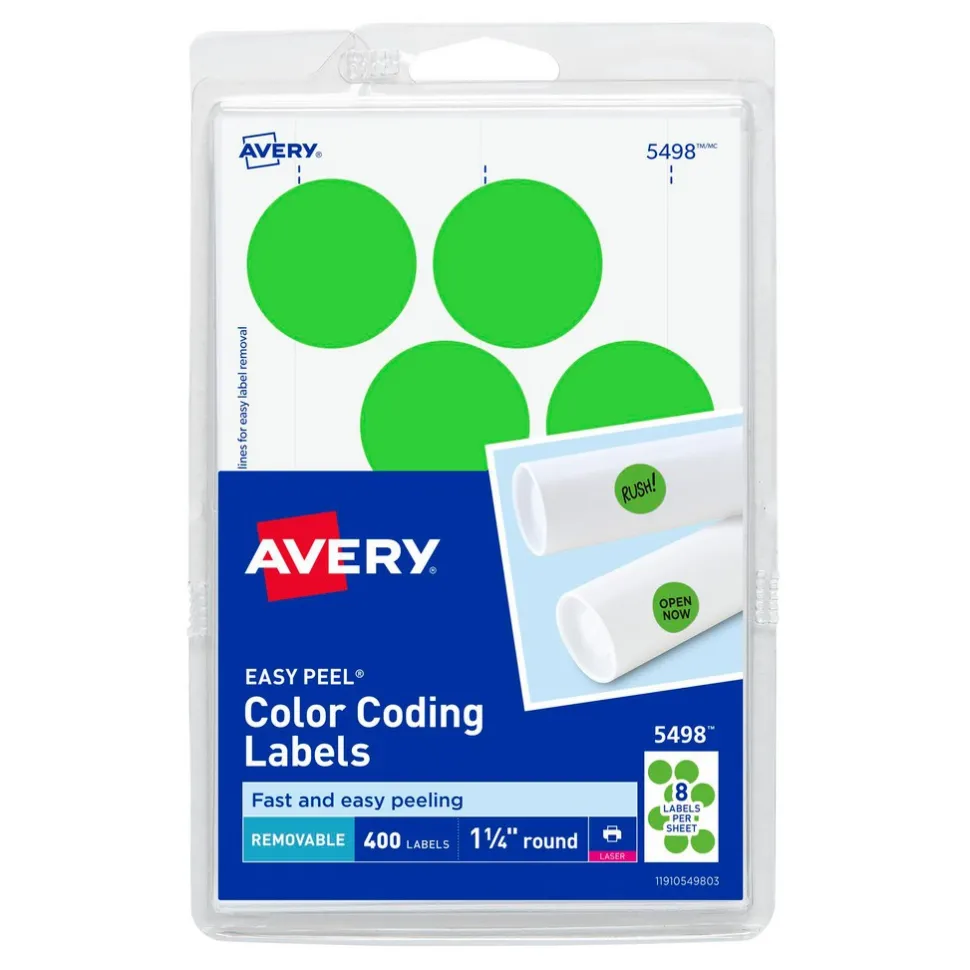 Label Maker Label: Neon Green, Paper, 1-1/4" OAL, 1-1/4" OAW, 400 per Roll