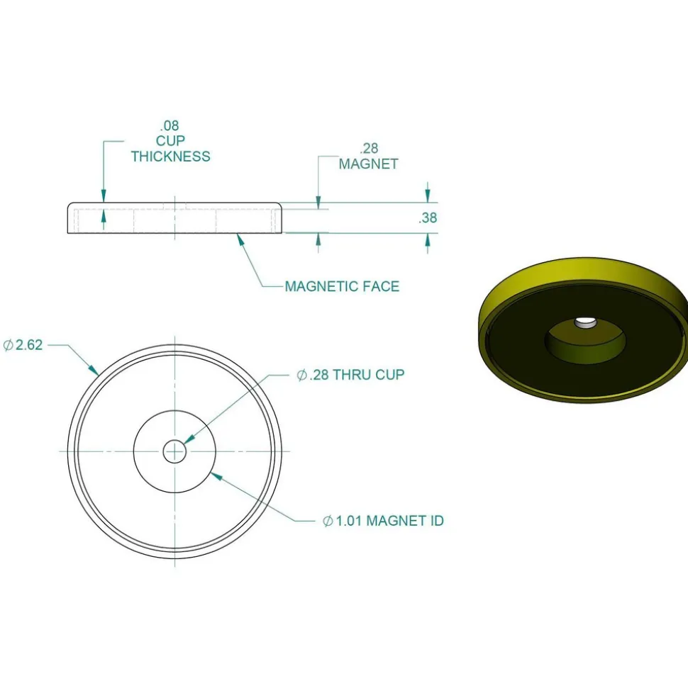 41 Lb Max Pull Force, 3/8" Overall Height, 2.63" Dia, Ceramic Cup Magnet