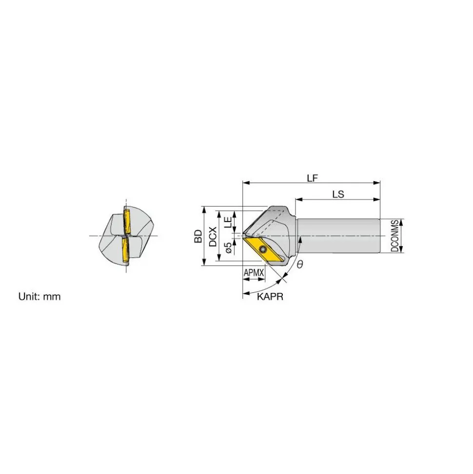 45° Lead Angle, 1.846" to 2.205" Cut Dia, Indexable & Chamfer End Mill