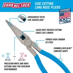 Long Nose Plier: 2-23/64" Jaw Length, Side Cutter