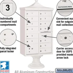 Mailboxes: Mount Type: Pedestal; Lockable: Yes; Material: Aluminum; Color: White