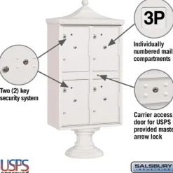 Mailboxes: Mount Type: Pedestal; Lockable: Yes; Material: Aluminum; Color: White