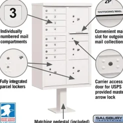Mailboxes: Mount Type: Pedestal; Lockable: Yes; Material: Aluminum; Color: White