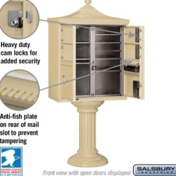 Mailboxes: Mount Type: Pedestal; Lockable: Yes; Material: Aluminum; Color: Sandstone