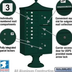Mailboxes: Mount Type: Pedestal; Lockable: Yes; Material: Aluminum; Color: Green