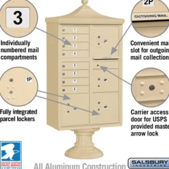 Mailboxes: Mount Type: Pedestal; Lockable: Yes; Material: Aluminum; Color: Sandstone