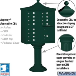 Mailboxes: Mount Type: Pedestal; Lockable: Yes; Material: Aluminum; Color: Green