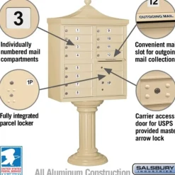 Mailboxes: Mount Type: Pedestal; Lockable: Yes; Material: Aluminum; Color: Sandstone