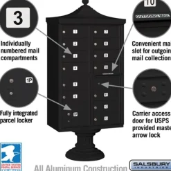 Mailboxes: Mount Type: Pedestal; Lockable: Yes; Material: Aluminum; Color: Black